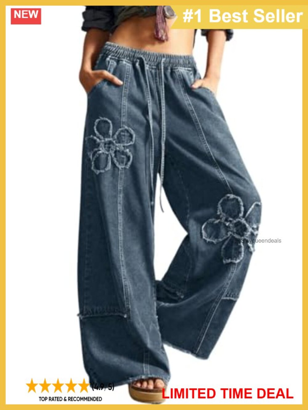 Women's Boho Floral Wide Leg Jeans Distressed Fringe Baggy Denim Culotte
